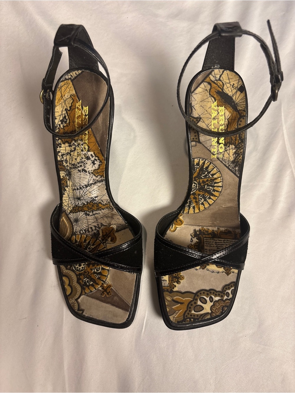 Bruno Valenti Women’s Black Ankle-Strap Women’s Sandals w/ Paisley Insole